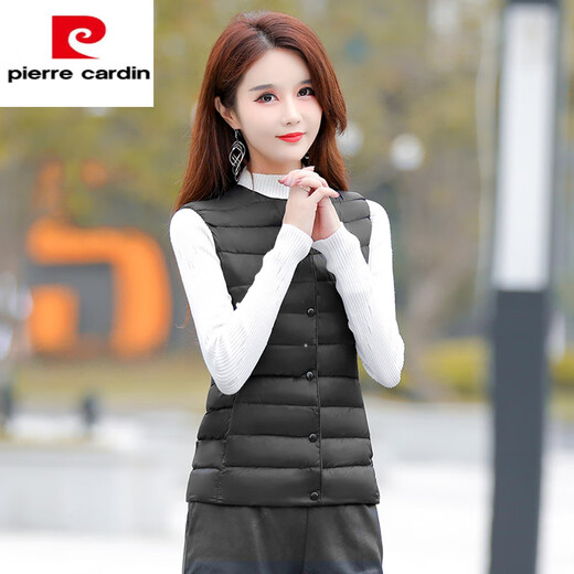 Pierre Cardin Autumn and Winter Down Vest Women's Short Slim Fit Thin Warm Lined Vest Close-fitting Inner Waistcoat Fashion Basement Black S