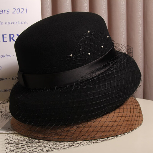 Hanqing Zhongxia Hepburn style elegant mesh wool fisherman hat women's autumn and winter French retro fashion basin hat temperament lady hat black 5 small pearl mesh wool lampshade basin hat m (56-58cm) adjustable