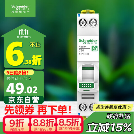 施耐德电气 空气开关1P+N C20A 小型家用紧凑型断路器 双进双出空开R9P44620