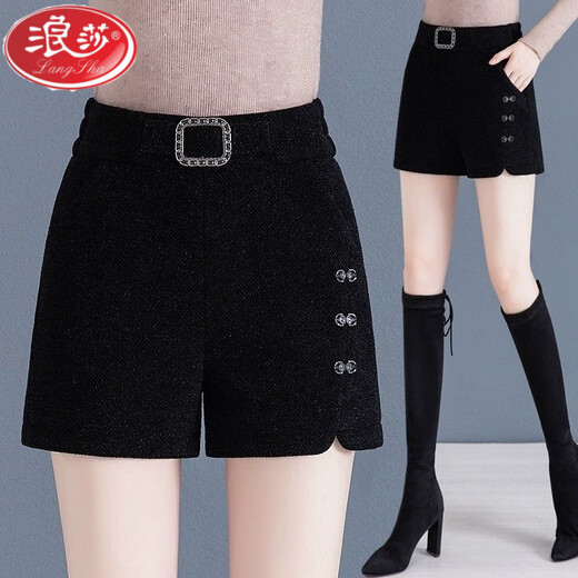 LangSha Woolen Shorts Women's Autumn and Winter 2025 New High Waisted Loose Slim Versatile Black Velveteen Outerwear Slit Boot Pants Women 2XL Recommended 128-138 One Size Black