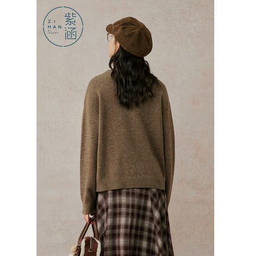Zihan (ZIHAN) Zihan 100% sheep wool round neck sweater for women 2025 winter new cat jacquard loose pullover sweater Mocha Mousse S