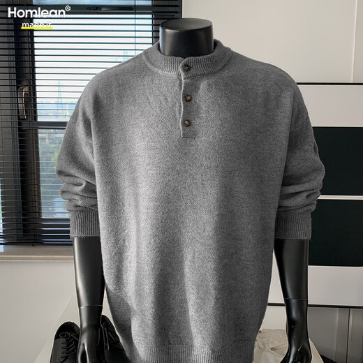 Homlean old money Henry collar knitted sweater men's advanced lazy style casual all-match top autumn HC19 dark gray L