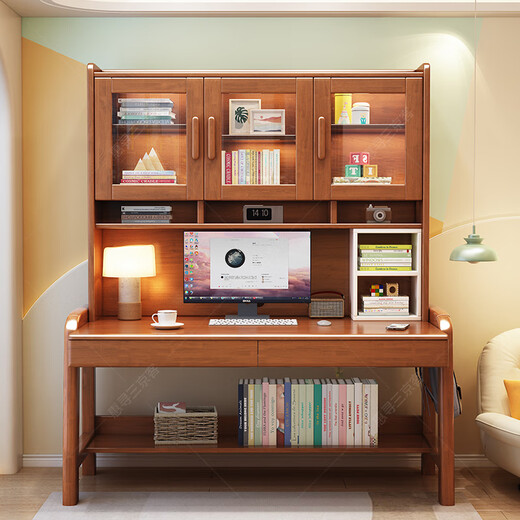 Huixun simple modern study solid wood desk home bedroom office computer desk student bookshelf bookcase integrated writing desk walnut color #desk + bookshelf 80cm*60cm*75cm total height 190cm
