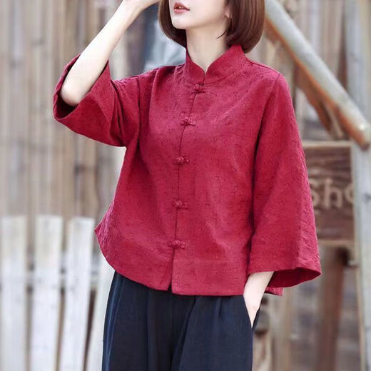 New Chinese button-up shirt cotton and linen top Spring and Autumn Zen Tang suit women's retro Chinese style plain Tai Chi shirt red (original version) 3XL