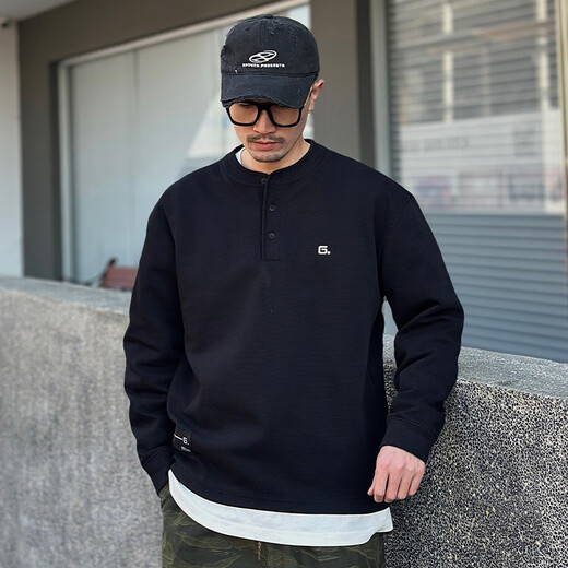 Kuraishi Kazuki American trendy brand Henry collar long-sleeved T-shirt for men 2025 autumn and winter new velvet casual sweatshirt Henry shirt jacket black M 110-130Jin Jin equals 0.5 kg