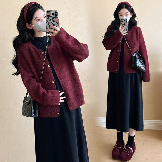 Mommy Ran Qi's maternity autumn clothes 2025 new suit fashionable going out long-sleeved cardigan skirt loose belly-covering maternity skirt two-piece set Angora red coat + black dress (suit) XL