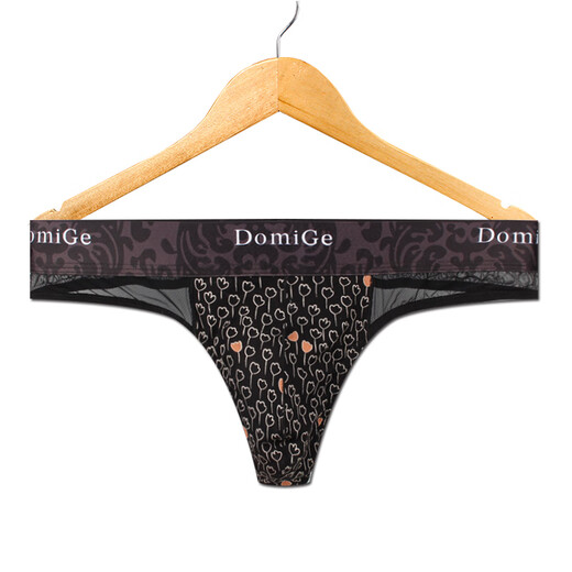 Dumi sexy fitness men's thong transparent ice silk cute underwear single T-pants hollow print summer black bottom print 5461 M1.9-2.2 feet