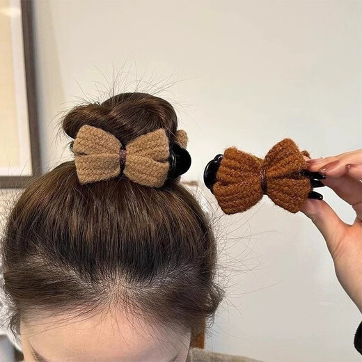 Maillard Knitted Bow Ball Head Clip Women's Hair Clip Hair Ornament Hair Artifact Fixed Claw Clip Hair Clip Maillard Dark Brown Wool Clip 1