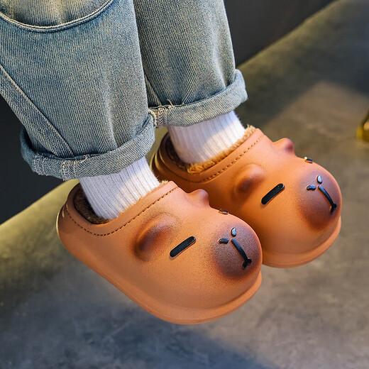 Kapibara children's cotton slippers feel like stepping on poop, boys' winter cute non-slip indoor bathing soft-soled baby slippers, upgraded version of environmentally friendly material desert gray slippers, size 12 35/36 (shoe inner length 21CM, suitable for feet 20