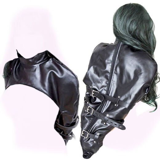 Alternative flirting fun, hands together behind the back, arms and arms fully wrapped in leather, restraint training, shoulder coverings, arm restraints, strong belts