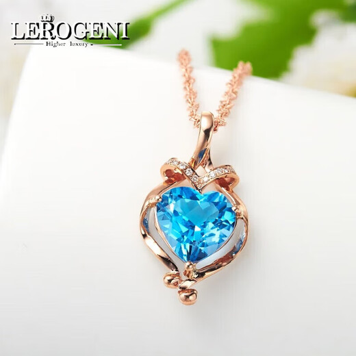 Lirokini Necklace Women's Swiss Blue Topaz Heart of the Ocean Pendant Valentine's Day Birthday Commemorative Gift Swiss Blue Topaz Pendant Brand Gift Box