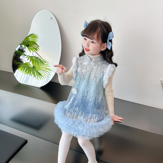 G.duck little yellow duck children's clothing girls dress autumn and winter 2026 new children's cheongsam dress little girl winter vest dress sky blue 90 (recommended height 80-90 1 year old - 2 years old)