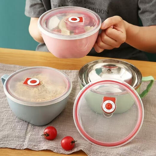 Korean and Japanese stainless steel instant noodle bowl with lid student dormitory instant noodle bowl large anti-scald soup cup large capacity lunch box 15cm green