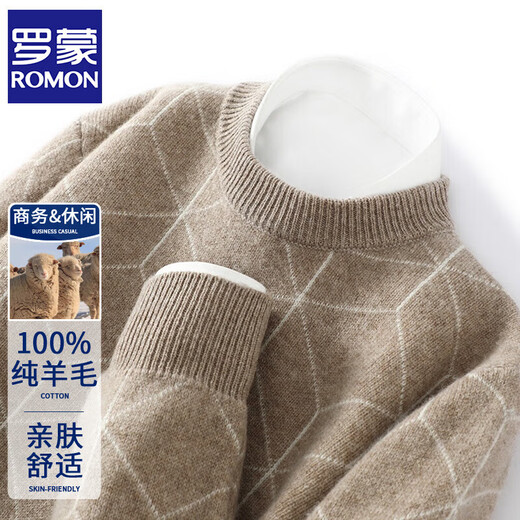 ROMON 100% wool sweater men's autumn and winter new round neck loose thickened pullover sweater business casual bottoming knitted fleece sweater sky blue M