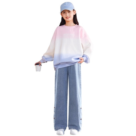 Pitt Girls Sweatshirt Frühling und Herbst 2025 Neuer Herbstanzug Girls -Gradient Langarm Mode Kinder -Top -Herbst 4891 Pink -Ablauf + 13068 Jeans [Set] 160 cm