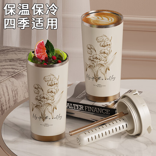 BEMEGA Pure Titanium Lily of the Valley Thermos Cup Women's High-Looking Titanium Cup Mark Coffee Cup Straw Water Cup New Year's Birthday Gift Zhenyao White Lily of the Valley Gift Box + Double-layer Pure Titanium + Independent Tea Storage 520ml