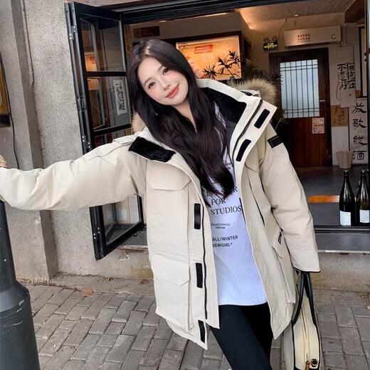 LUCK SWAN GODSE羽绒服女中长款工装派克服男情侣冲锋衣冬季极寒大衣加厚保暖外套 米白色-加拿大08远征大鹅风格 -男女同款 M 【建议体重：90-105斤】