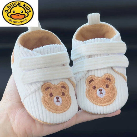 G.duck小黄鸭婴儿鞋秋冬季0-1岁新生儿卡通鞋子男女宝宝软底灯芯绒保暖 诺_卡其（大熊_灯芯绒） 11 S