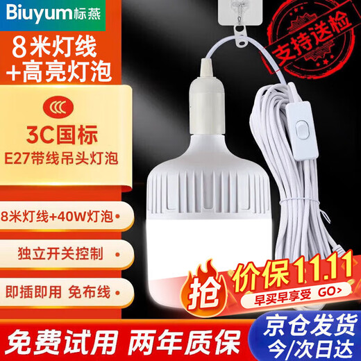 Biuyum plug socket chandelier switch extension cord hanging LED energy-saving lamp with cord plug integrated lamp E27 screw socket two plugs 8 meters light cord + 1 40W bulb