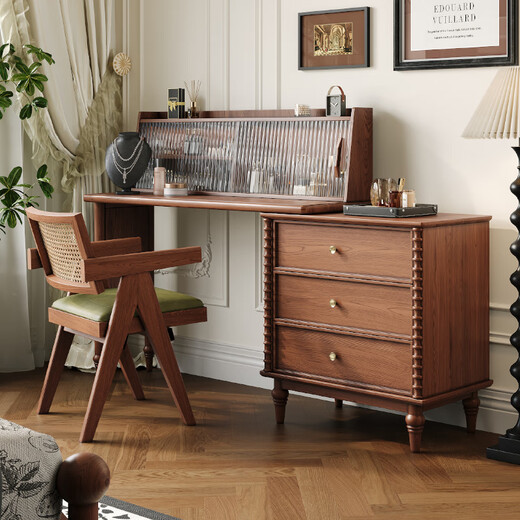 Gujia Imperial style solid wood dresser, one-piece retractable mid-century style storage cabinet, French style bedroom, small apartment, corner makeup, retractable table + three drawers dresser + makeup stool