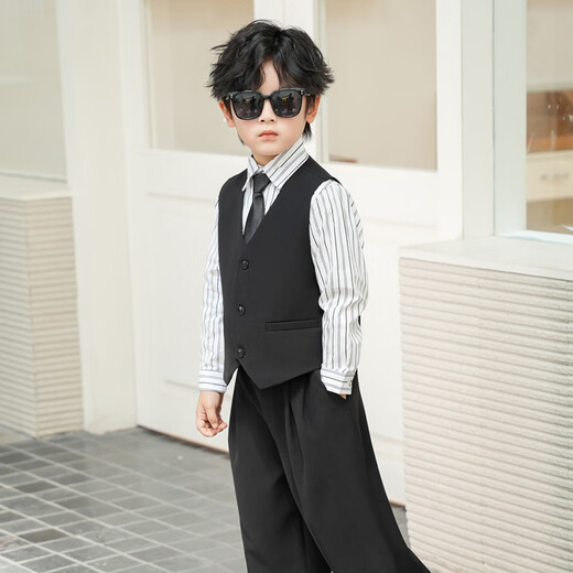 萝卜呗呗儿童西装男童秋季礼服男孩花童主持西服走秀服 黑色四件套 120