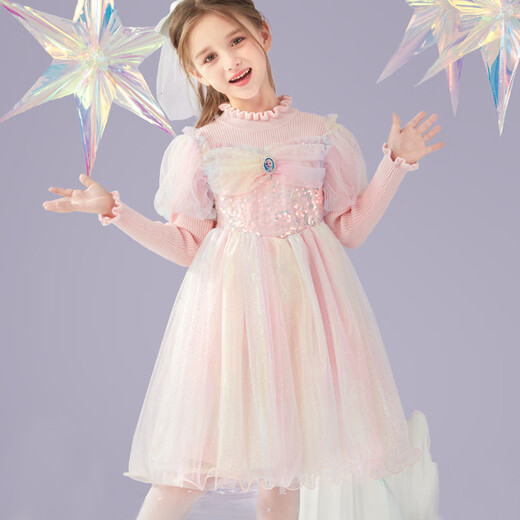 Disney (Disney) Girls Dress Long Sleeve Autumn New Children's Elsa Princess Dress Style Sweater Mesh Skirt 14001 White 130