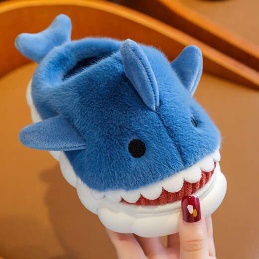 Children's cotton slippers autumn and winter waterproof home indoor non-slip boys cute shark pattern baby kids cotton slippers gray 12 34/35 size inner length 21.5CM