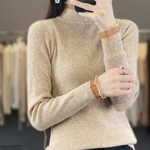 Yu Zhaolin (YUZHAOLIN) lace half turtleneck bottoming shirt for women in autumn and winter with knitted sweater, slim, unique and chic sweater long-sleeved top