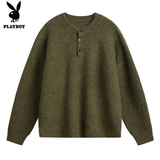 Playboy (PLAYBOY) retro old money Henry collar polo sweater men's autumn and winter thickened warm sweater lazy style pullover sweater jacket Moss green XL