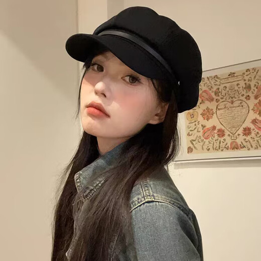 Jin Jin is equal to 0.5 kg Mu Beret Women's 2025 Autumn and Winter New Japanese Retro Newsboy Hat Versatile Big Head Circumference Painter Octagonal Navy Hat Black One Size Brim Leather