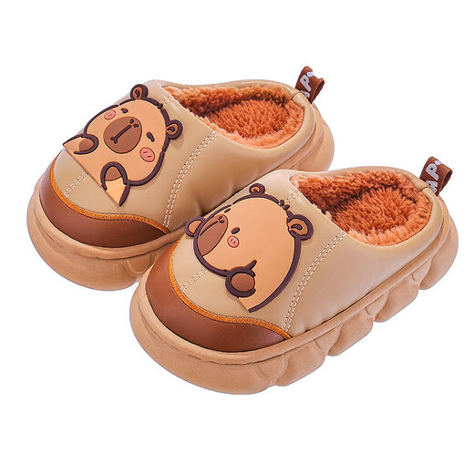 Kapibara winter children's cotton slippers for boys and girls, warm plus velvet PU leather waterproof thick-soled parent-child baby cotton shoes, dark coffee slippers size 28 29 (shoe length 17CM suitable for feet 16CM)