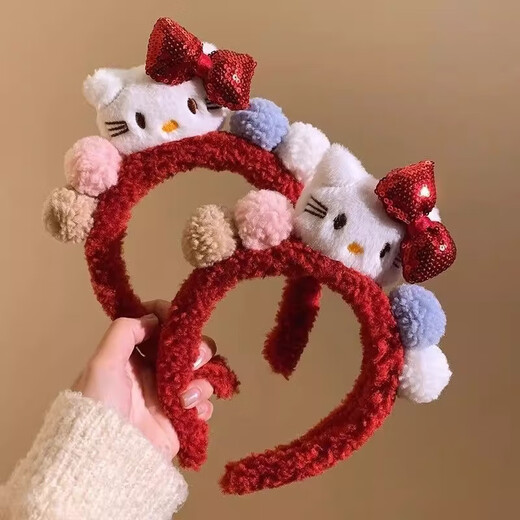 Songchuang Mengyu Cartoon Cat Hawaiian Cute Style Handmade KT Cat Headband Animals Playful and Cute Plush Ball Hair Accessory Hairpin Hello Kitty Headband