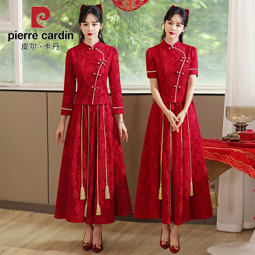 Pierre Cardin Chinese Toast Wear Bride 2025 Autumn and Winter New Engagement Return Wedding Dress Skirt Women's Cheongsam Xiuhe Wedding Dress Burgundy Long Sleeve S Recommended 85-98Jin Jin equals 0.5 kg