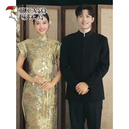 Woodpecker New Chinese Style Mao Suit Men's Suit Wedding Groom Engagement Dress Stand Collar Suit Jacket Black Suit + Pants XL (Recommended 155-170 Jin Jin equals 0.5 kg)
