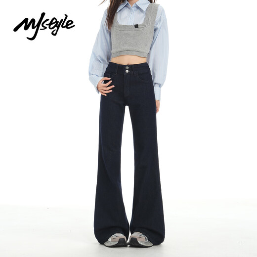 MJ STYLE American high-waisted boot-cut pants for women 2025 new autumn women's loose slimming bell-bottom jeans dark blue S