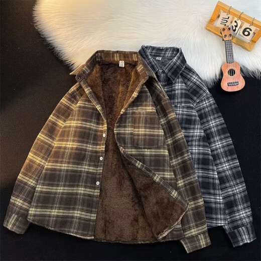 Autumn and winter retro plaid plus velvet thickened shirt men's American retro trendy brand loose coat long-sleeved shirt brown plus velvet XL recommended 120-140Jin Jin equals 0.5 kg