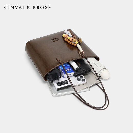CinvaiKrose large-capacity bag women's bag 2025 new college student tote bag commuting shoulder bag birthday gift for girlfriend Brown Brown [Give away ornament] Send girlfriend wife's heart
