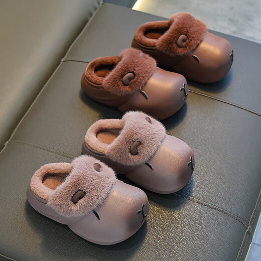 Kapibara children's cotton slippers, boy's winter cartoon cute non-slip indoor soft-soled baby slippers, upgraded environmentally friendly material dark coffee (heel included) 12 36/37 size (suitable for 35/36 feet)