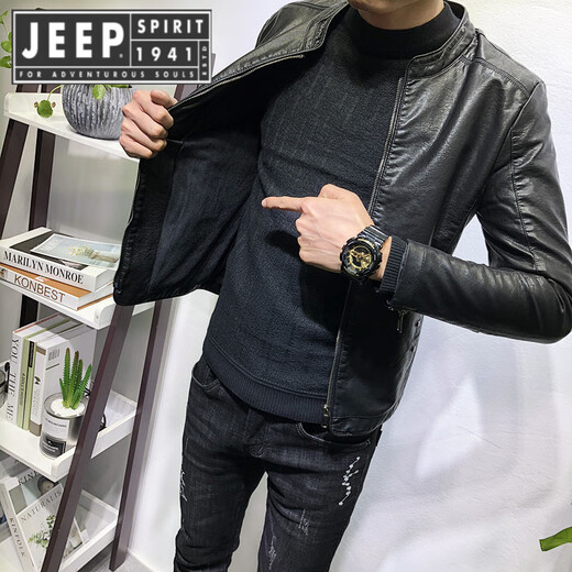 JEEP SPIRIT Jeep Leather Jacket Men's Spring and Autumn New Stand Collar Slim Motorcycle Suit Versatile Men's Leather Jacket Handsome Jacket 8886-Thickness Single Lining Size Small Regular S Suitable for 80-90 Jin Jin equals 0.5 kg Small