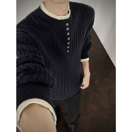Unicorn cool American Henry collar sweater men's autumn and winter trendy brand old money style men's top with fake two-piece knitted sweater for men Gray M