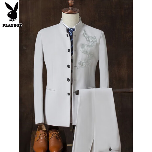 Playboy Chinese tunic suit for young men Chinese suit suit men Chinese stand collar casual jacket wedding dress two-piece trendy gray-TZ109 suit + pants XL 135Jin Jin equals 0.5 kg for inner wear