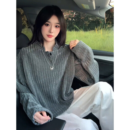 Sheman Lai herringbone pattern Henry collar sweatshirt men's autumn American style long-sleeved T-shirt men's inner layer POLO shirt base layer gray XL