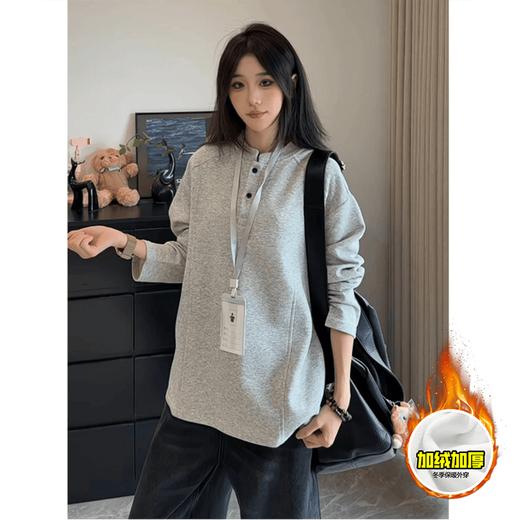 Introducing American high street heavy-duty splicing Henry collar sweatshirt for men in autumn and winter large size loose long-sleeved T-shirt men's base layer black 3XL