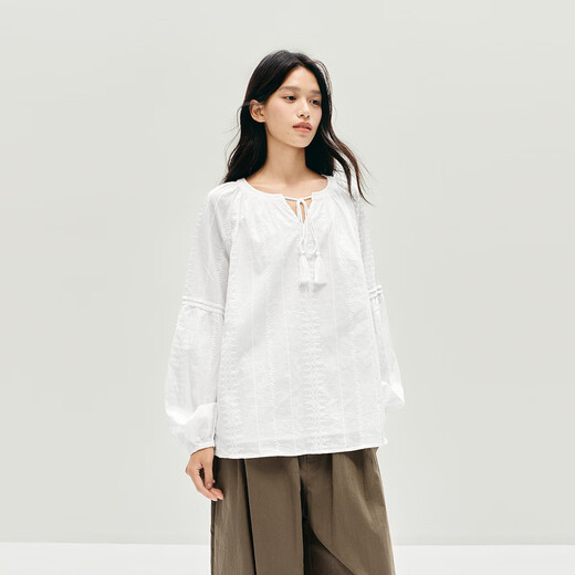 Semir long-sleeved shirt women's tassel embroidered bohemian style 2025 autumn white loose-sleeved shirt 10A525105001