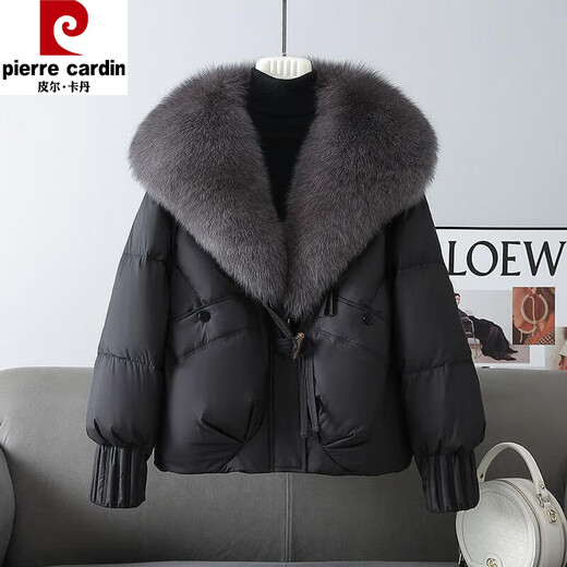 Pierre Cardin Beige Large Fur Collar Thickened Warm Down Cotton Jacket Women's 2025 Season New Horn Button Bread Jacket Trendy Black Cotton Jacket Black Fur Collar M Recommended 90-115 Jin Jin equals 0.5 kg