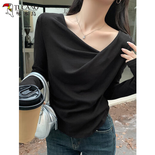 Woodpecker Swing Collar Long Sleeve T-Shirt Women's Autumn New Pure Desire Off-Shoulder Design Slim Bottoming Top Apricot L