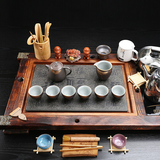 鸿冠 整套紫砂陶瓷功夫茶具套装茶盘自动电磁炉茶台茶海茶道家用办公 14款：火烧柏木+一往情深=698