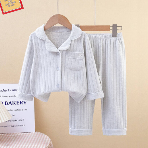 MiiOW Children's Pajamas Set Type A Pure Cotton Boys Long Sleeve Girls Autumn and Winter Warm Home Clothing Medium and Large Children's Cardigan Light Gray [Type A Pure Cotton] 120 cm [Weight 35-40Jin [Jin equals 0.5kg] Height 110-120cm]
