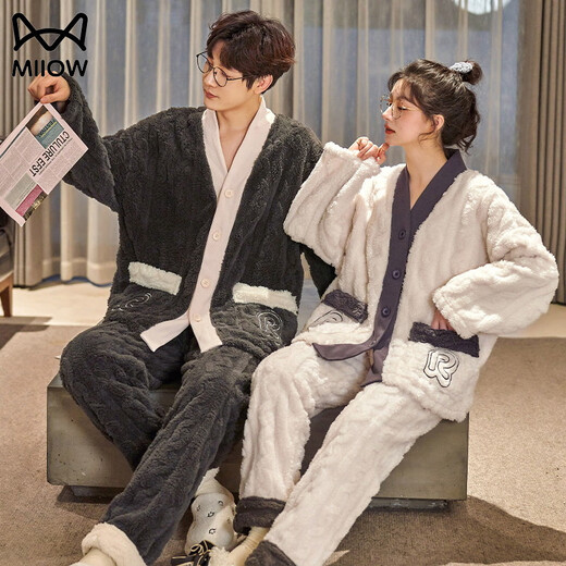 MiiOW couple pajamas autumn and winter style coral velvet V-neck cardigan for men and women thickened velvet flannel home wear set female B6119 male B6120 M female