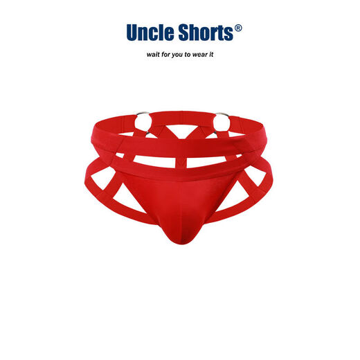 UncleShorts red double thong men's underwear sexy hollow Christmas and New Year briefs zodiac year red M M